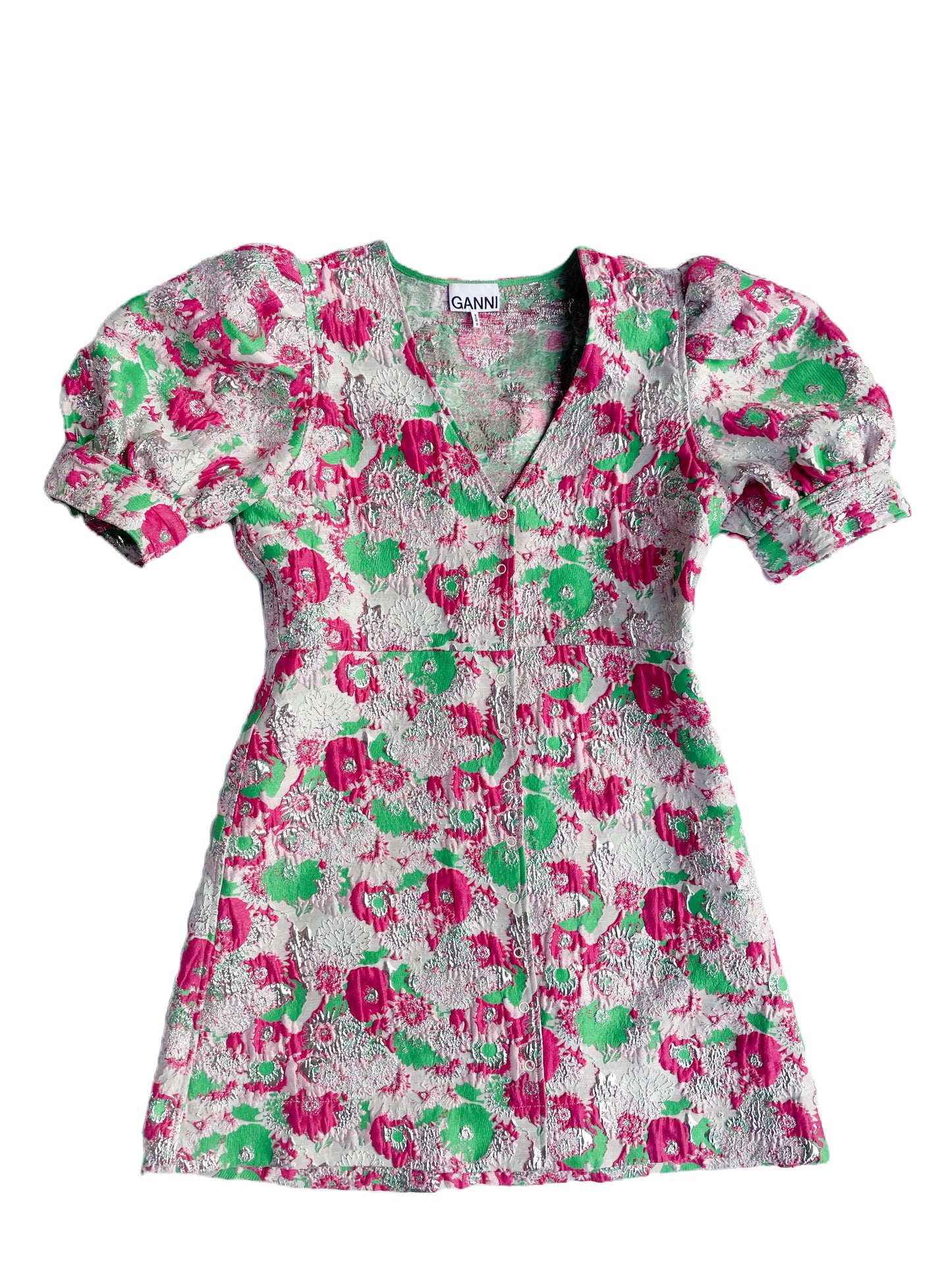 Ganni Puff Sleeve Metallic Jacquard Dress UK 12 image 0