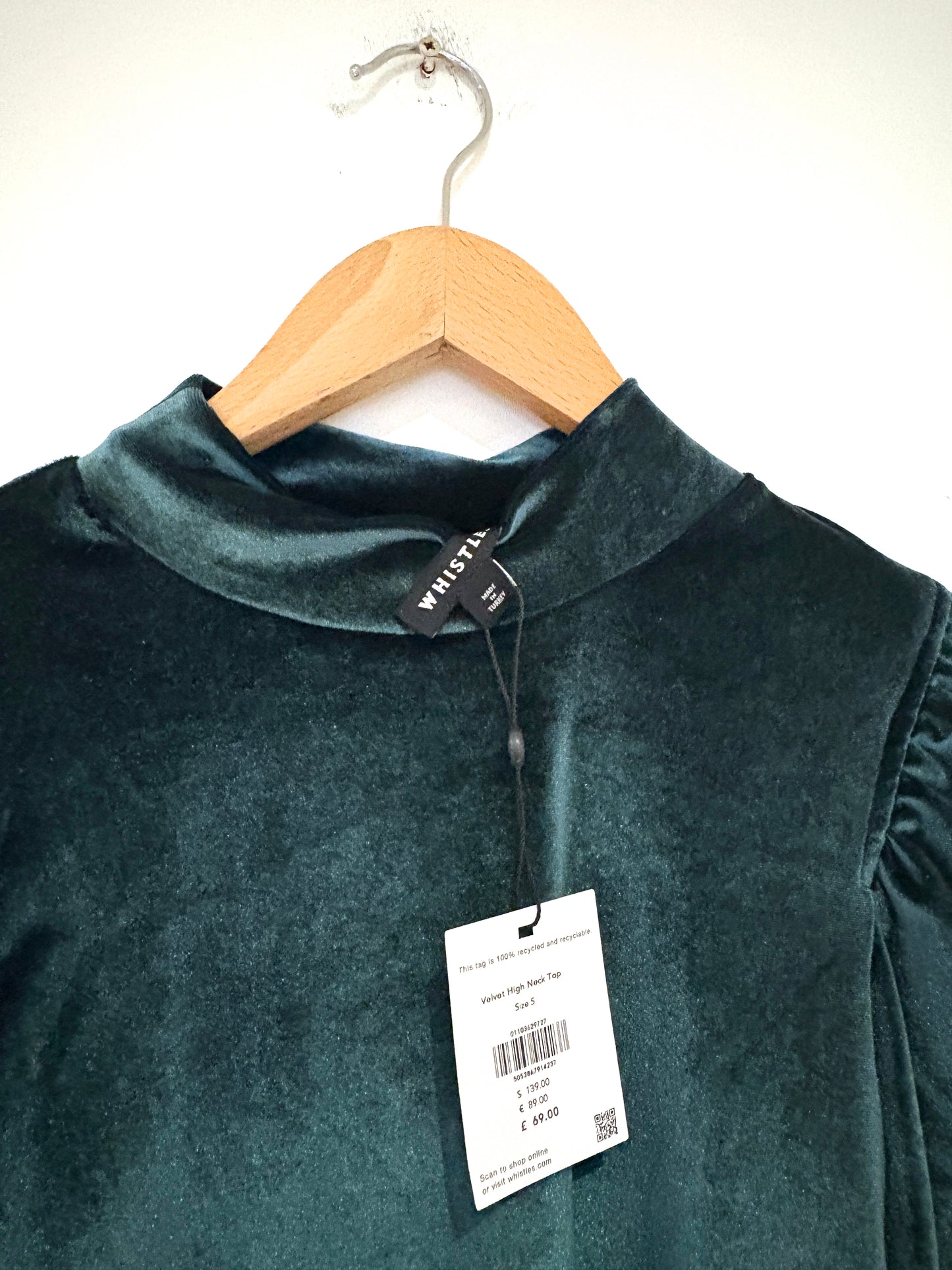 New With Tags Whistles Green Velvet High Neck Top S