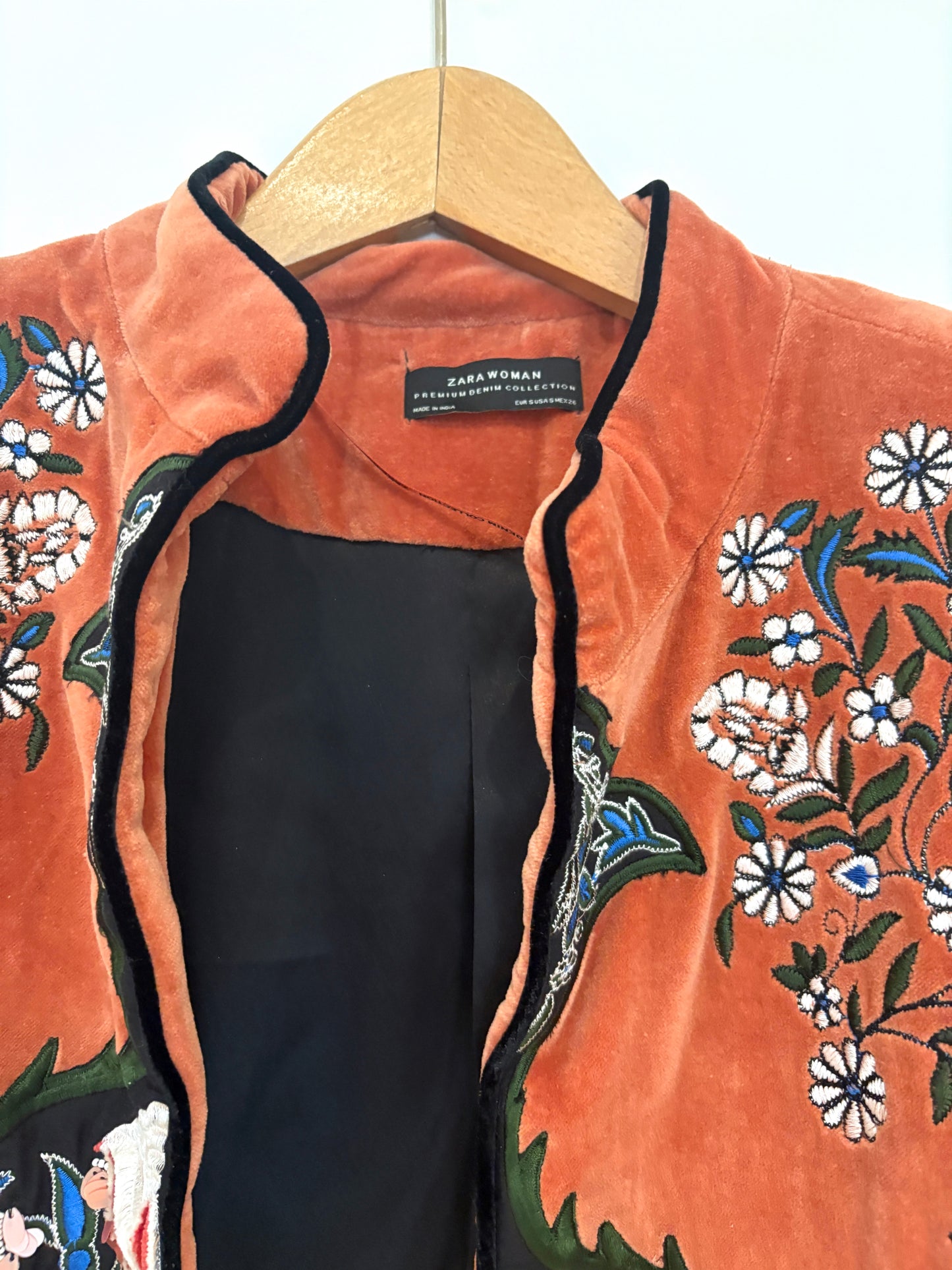 Zara Orange Velvet Embroidered Blazer Jacket S