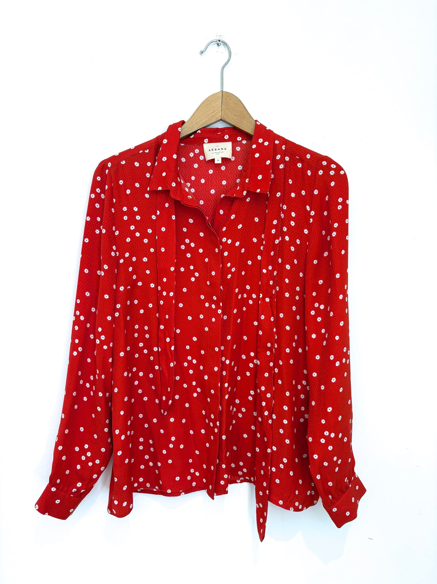 Sézane Ditsy Print Red Silk Blouse