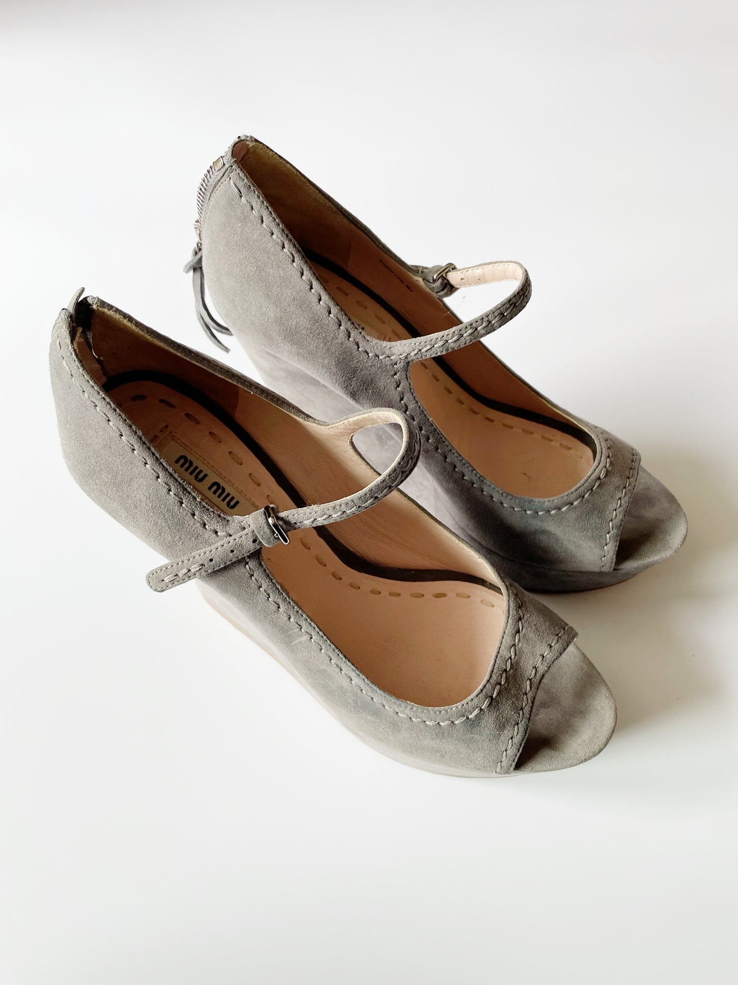 Miu Miu Grey Suede Mary Jane Peep Wedges EU 38.5 image 1