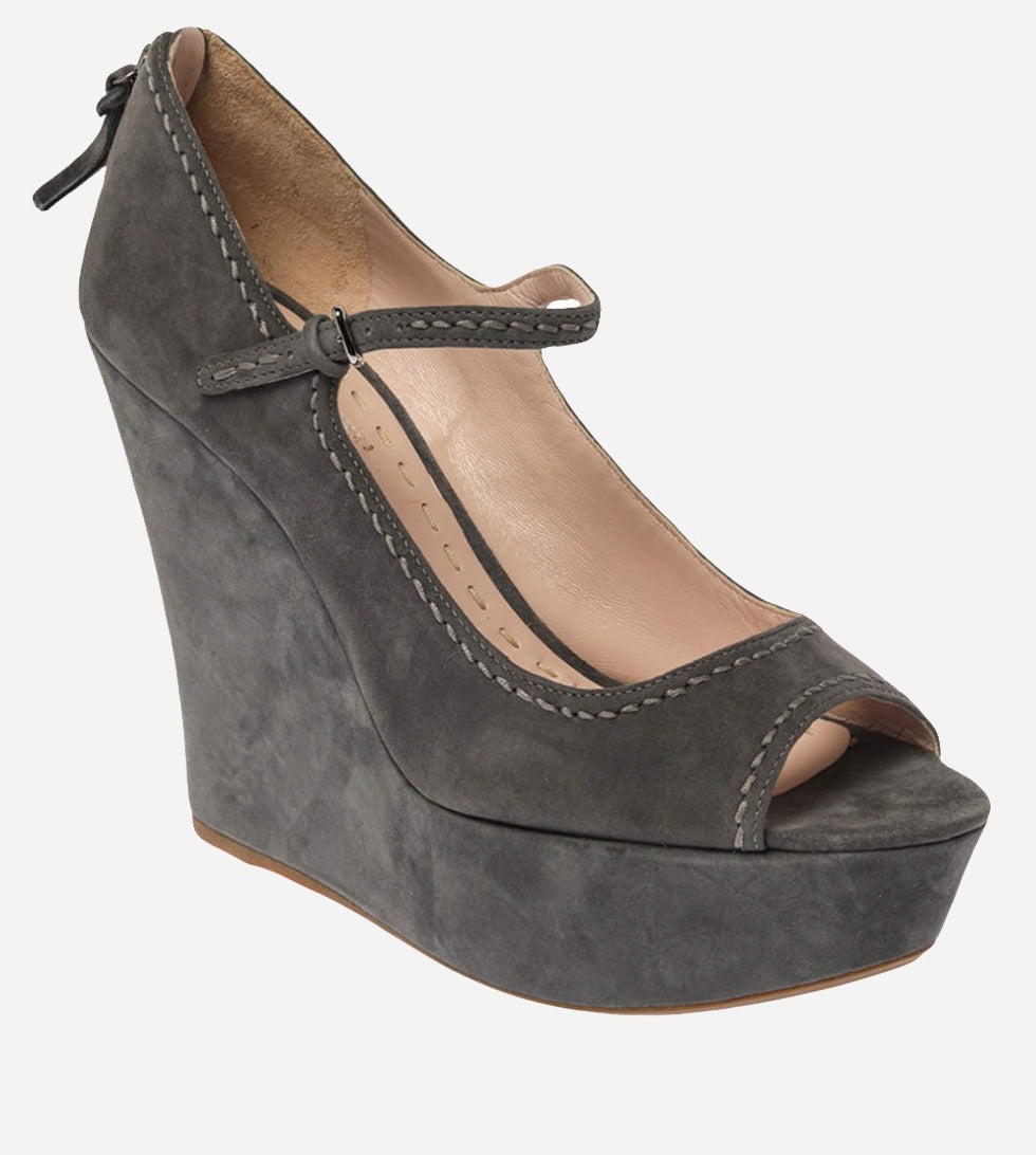 Miu Miu Grey Suede Mary Jane Peep Wedges EU 38.5 image 2