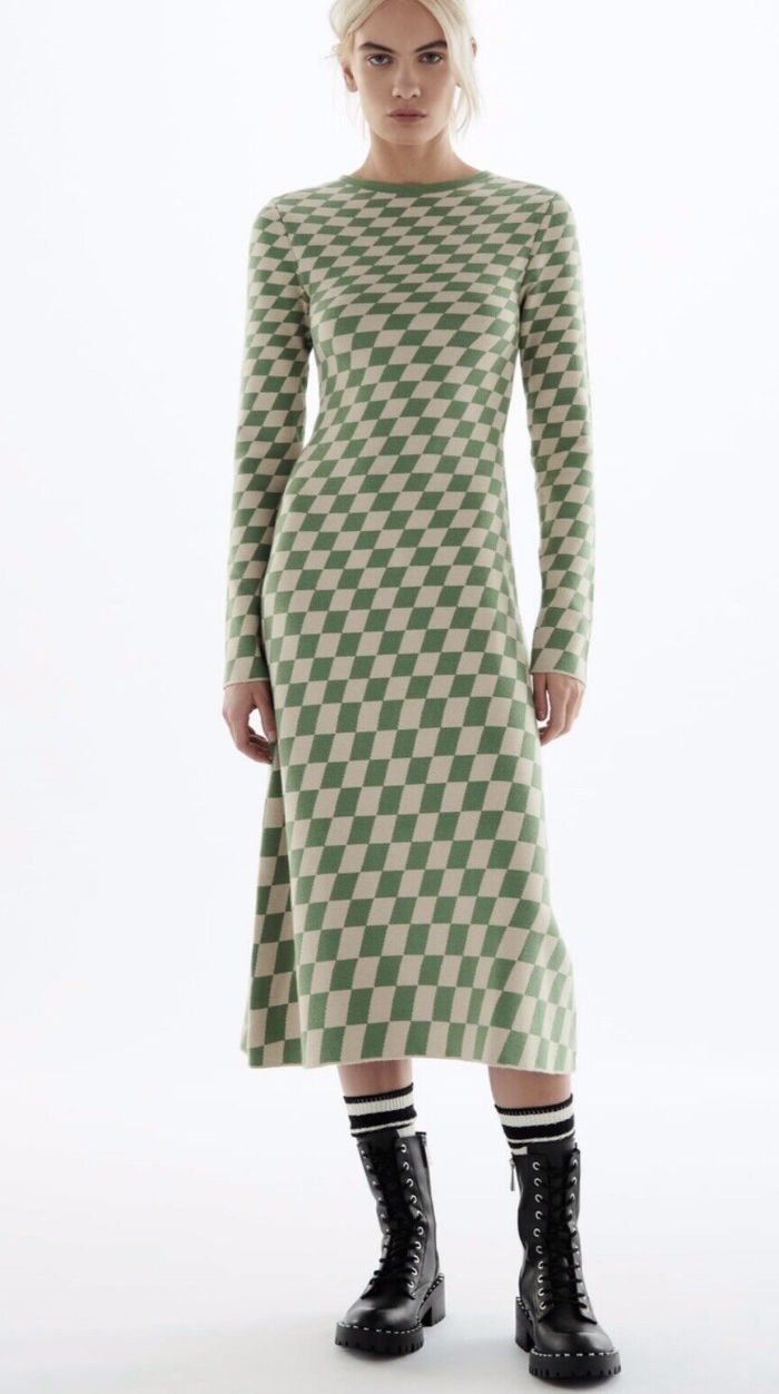 Zara Check Green Midi Dress M image 1