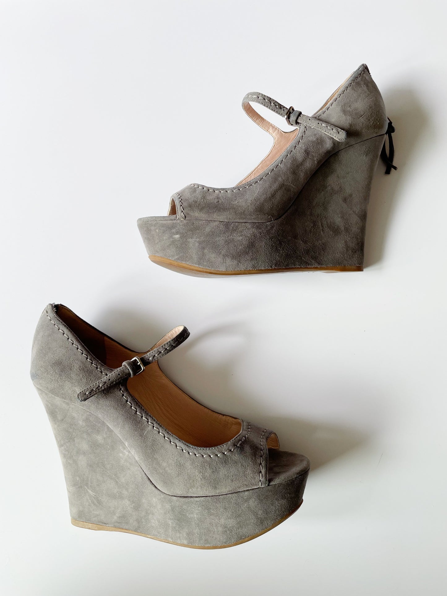 Miu Miu Grey Suede Mary Jane Peep Wedges EU 38.5 image 0