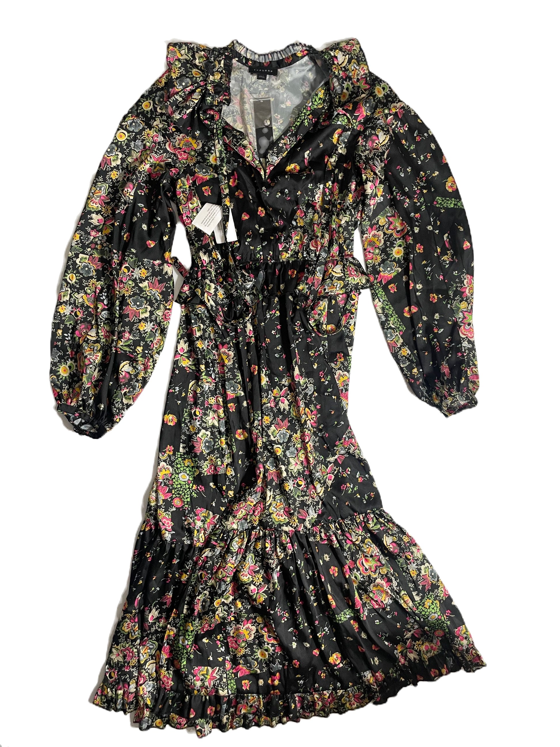 topshop idol midi dress NWT Topshop IDOL v-neck ruched midi dress in black multi floral print 40s style