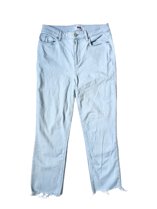 Paige denim cropped Cindy jeans in light blue with raw hem.