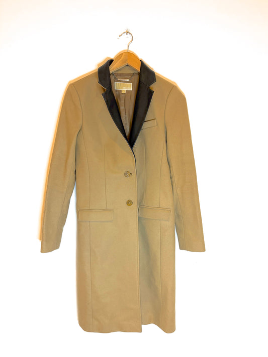 Michael Kors Beige Leather Lapel Wool Coat UK 6