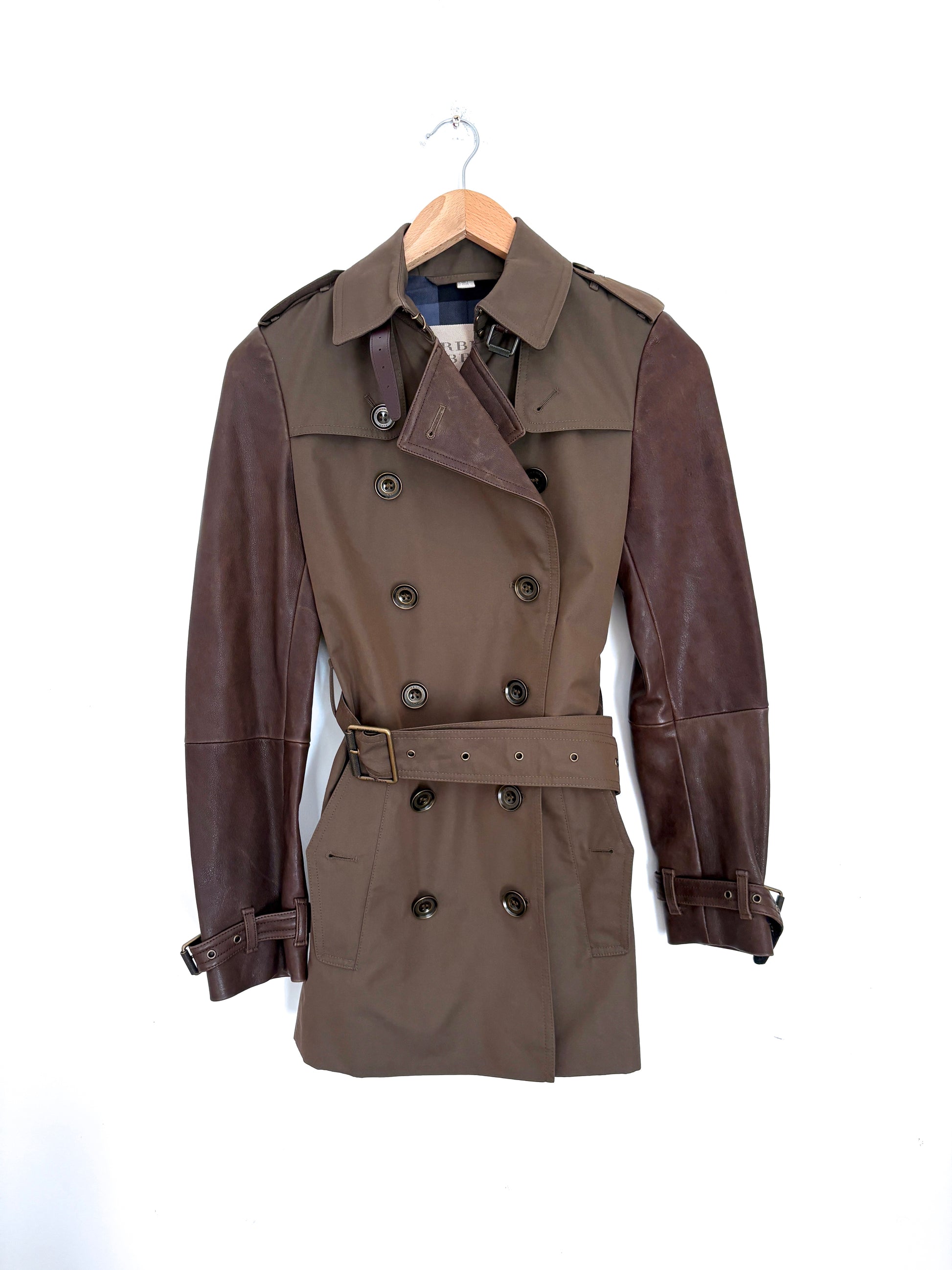Burberry Brit Khaki and Brown Leather Trench Coat