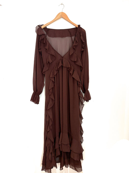 Commense Brown Chiffon Frill Dress