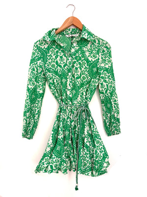 Zara Green Print Cotton Belted Dress XS