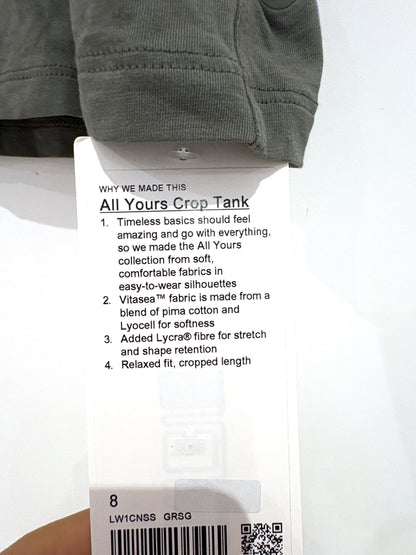 New With Tags Lululemon Khaki Crop Tank UK 12