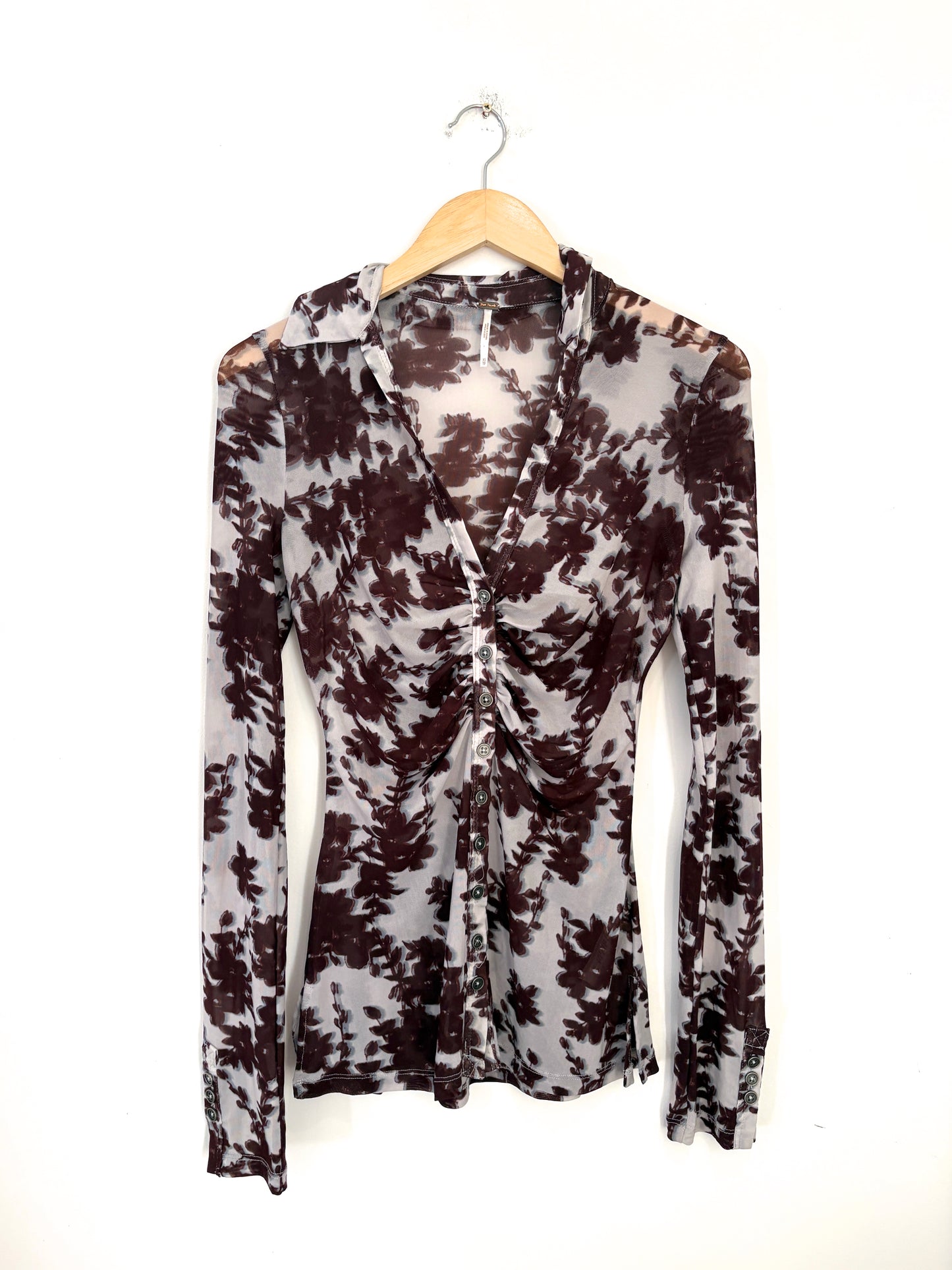 Free People Floral blue brown mesh  shirt
