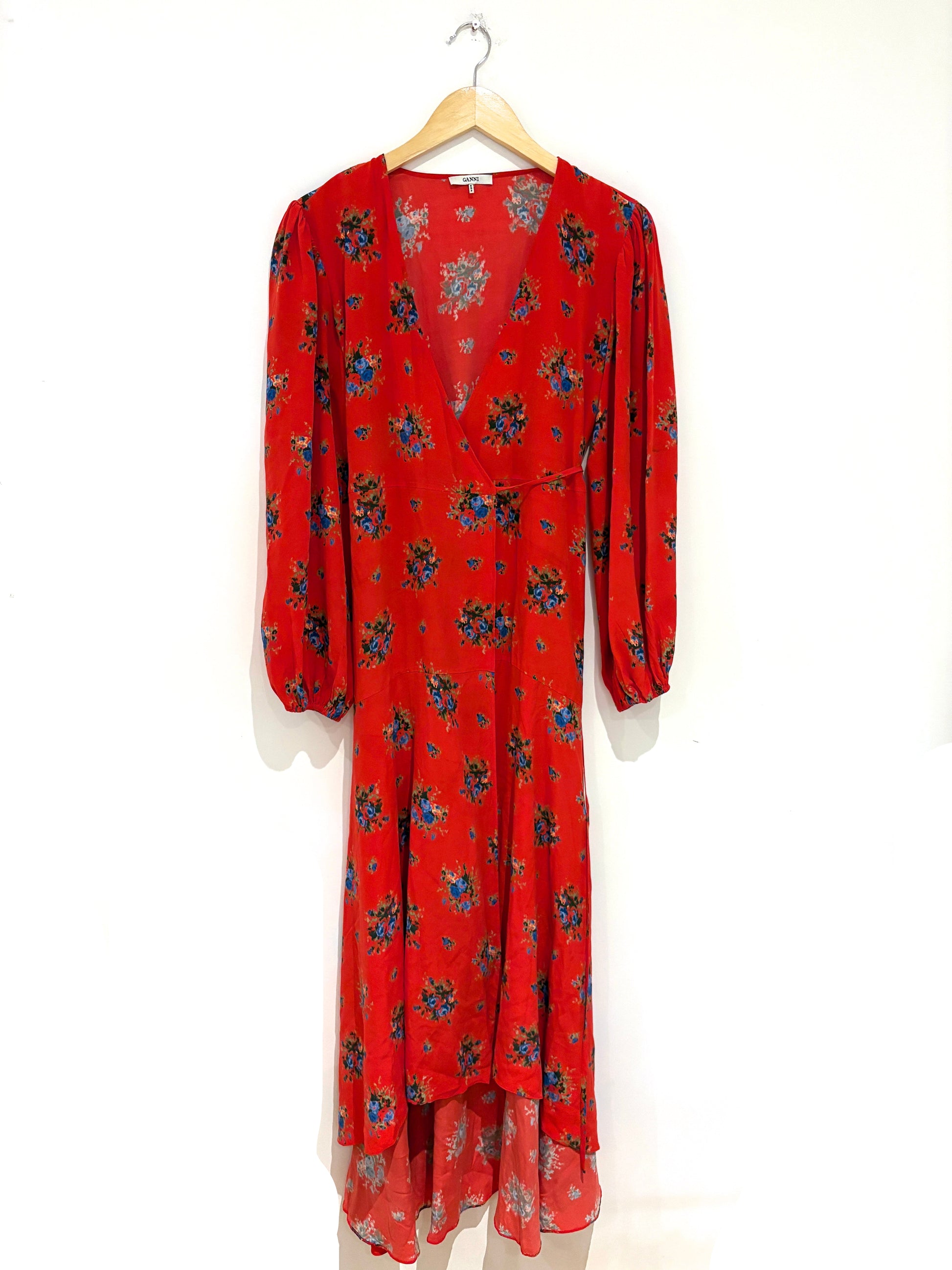 Ganni Kochar red floral wrap maxi dress