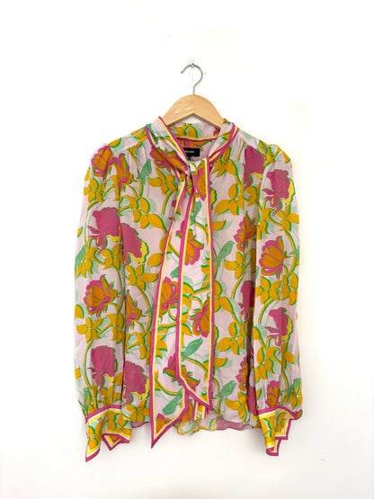 me+em SILK MAGNOLIA BIRD PRINT PUSSYBOW BLOUSE