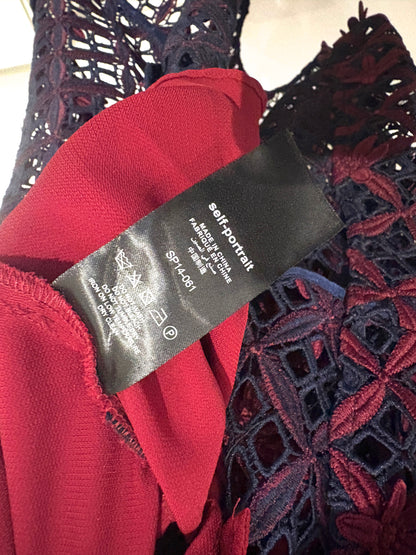 Self-Portrait Burgundy and Navy Floral Midi Dress UK 14