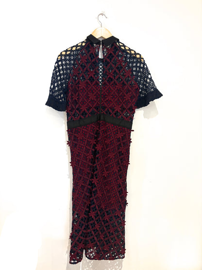 Self-Portrait Burgundy and Navy Floral Midi Dress UK 14