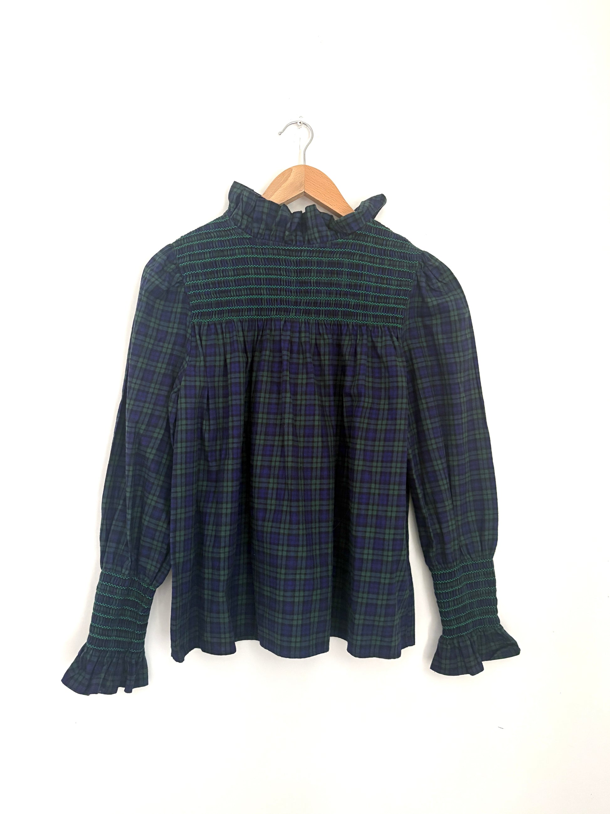 Maria de la orden check blue smocked blouse