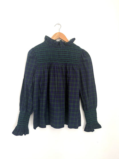 Maria de la orden check blue smocked blouse