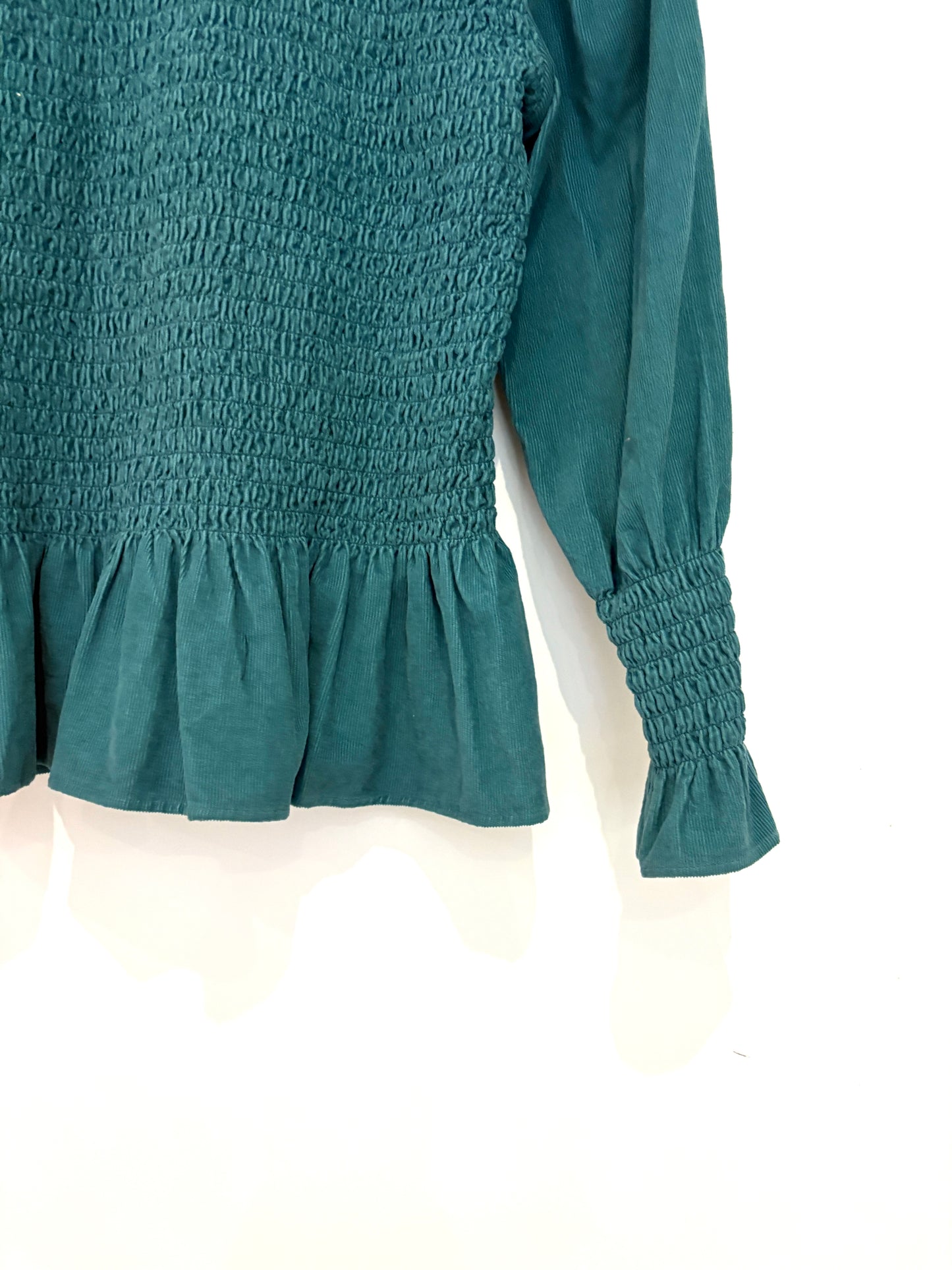 Maria de la Orden Green Corduroy Smocked Blouse M