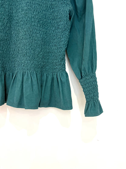 Maria de la Orden Green Corduroy Smocked Blouse M