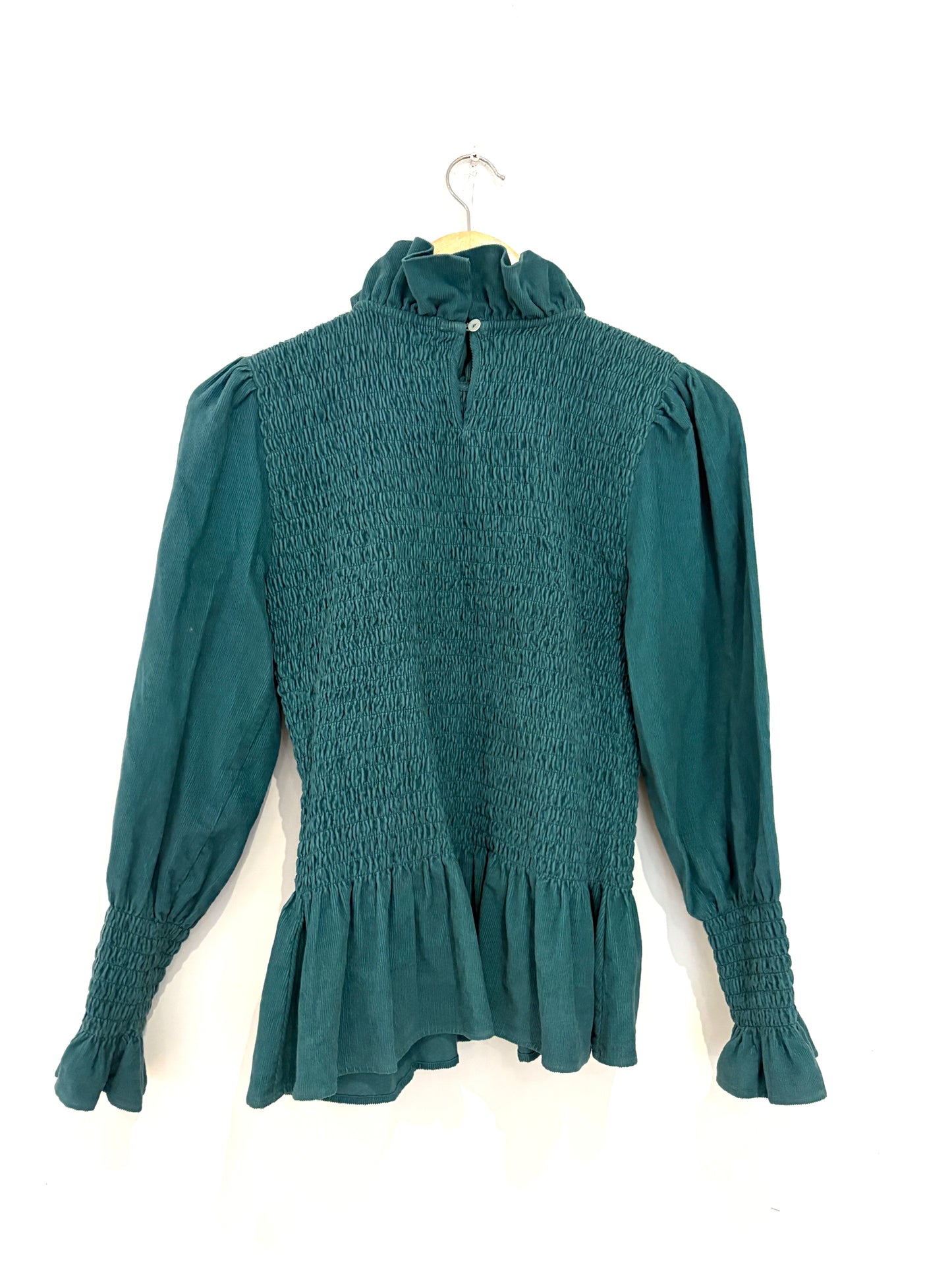 Maria de la Orden Green Corduroy Smocked Blouse M