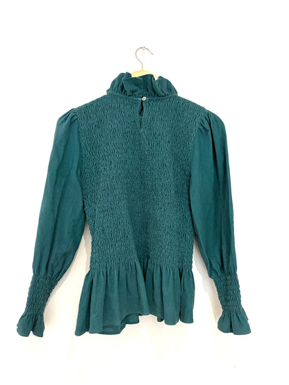 Maria de la Orden Green Corduroy Smocked Blouse M