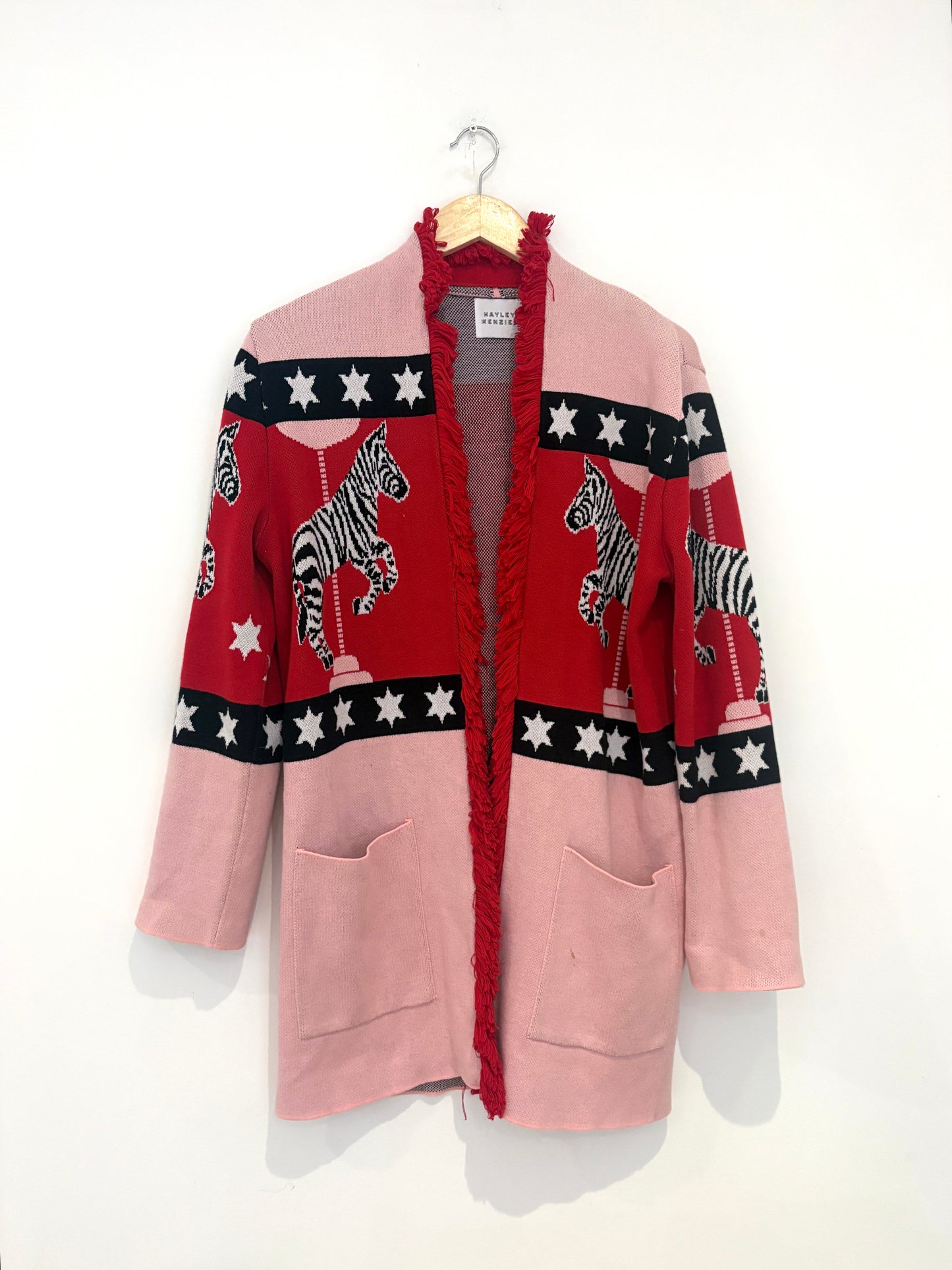 hayley menzies pink and red zebra cotton jacquard cardigan