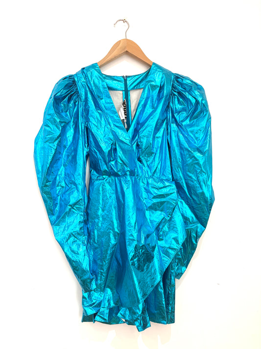 Rotate Birger Christensen Metallic Blue Puff Sleeve Dress