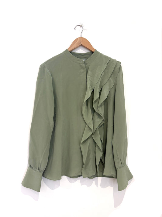 The Fold Green Silk Ruffle Blouse
