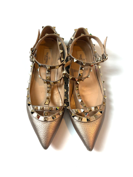Valentino Garavani Rockstud Leather Gold Ballet Flats UK 5