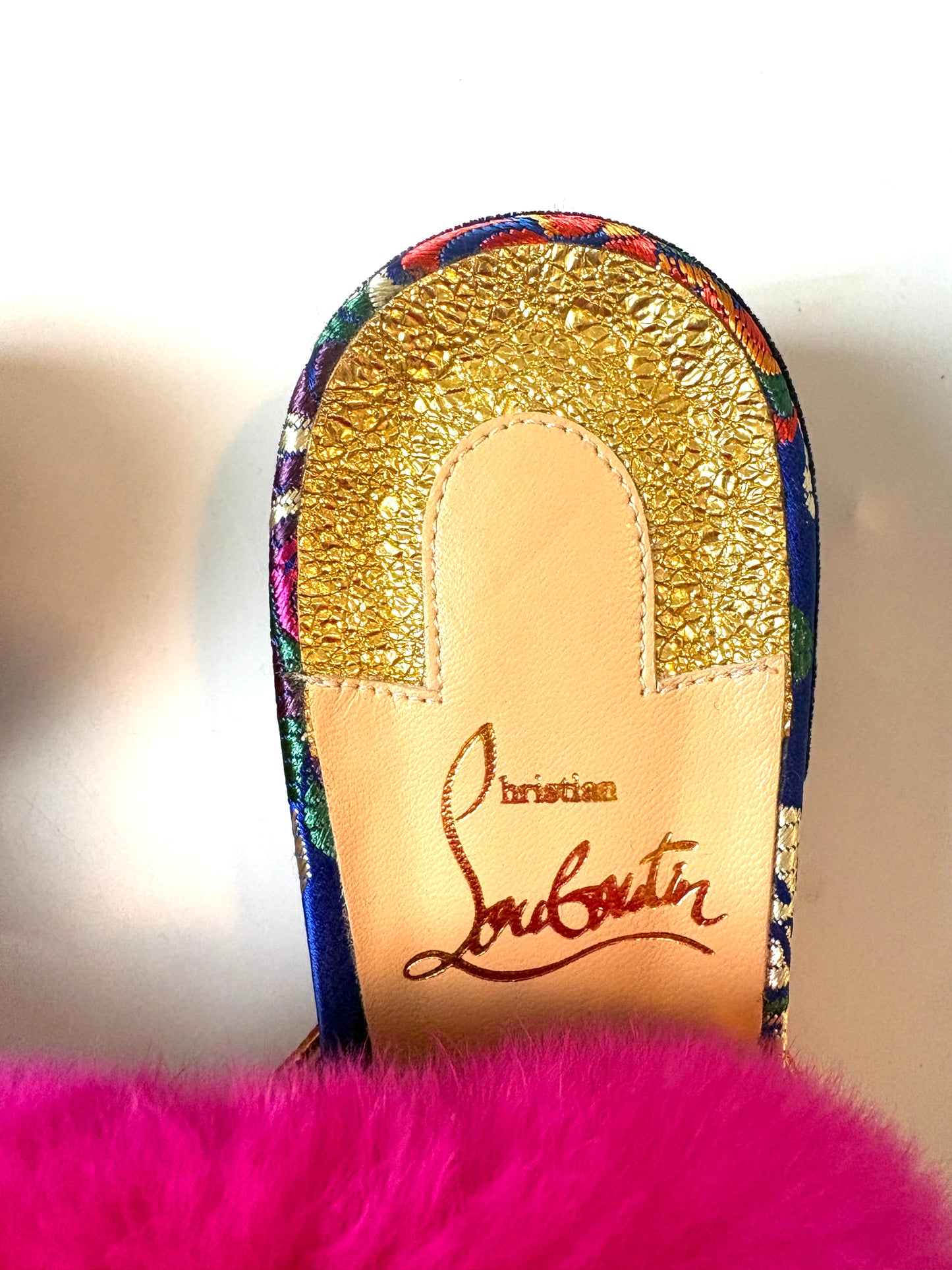 Christian Louboutin Gold Brocade Fur Mules UK 4.5