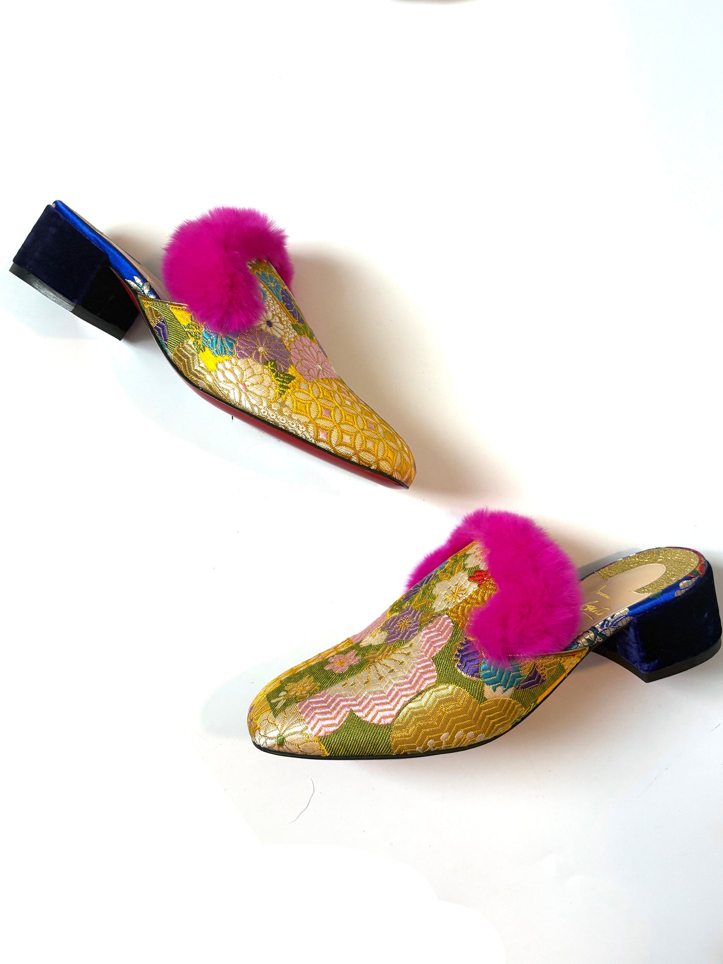 Christian Louboutin Gold Brocade Fur Mules UK 4.5