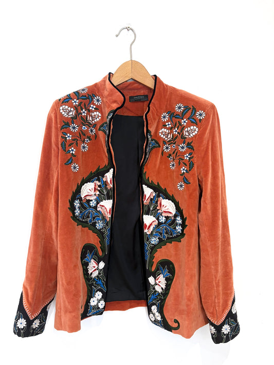 Zara Orange Velvet Embroidered Jacket