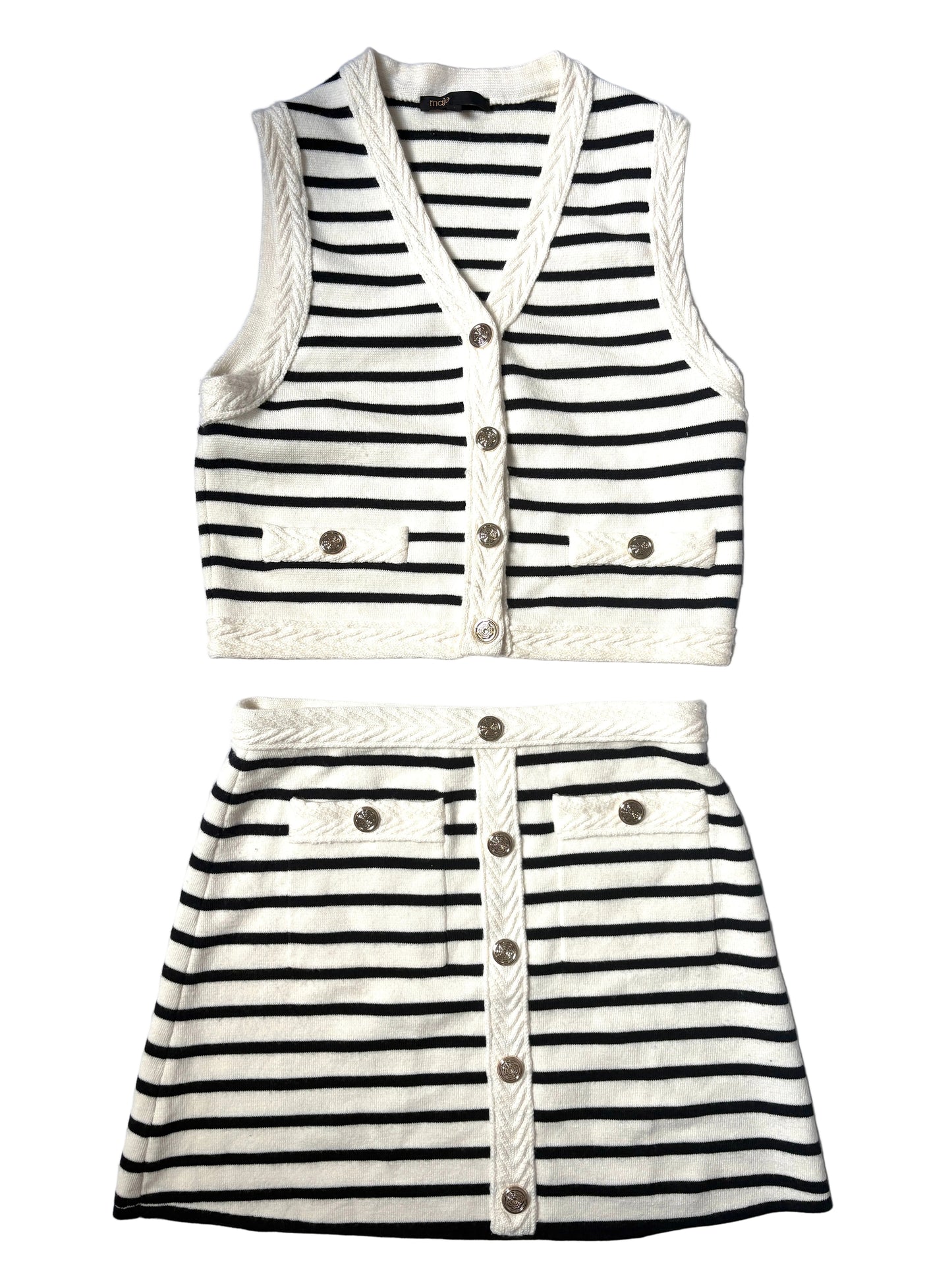 Maje White/Black Striped Knit Vest and Mini Skirt Set
