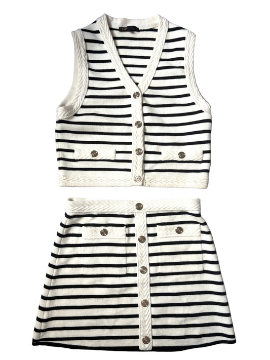 Maje White/Black Striped Knit Vest and Mini Skirt Set