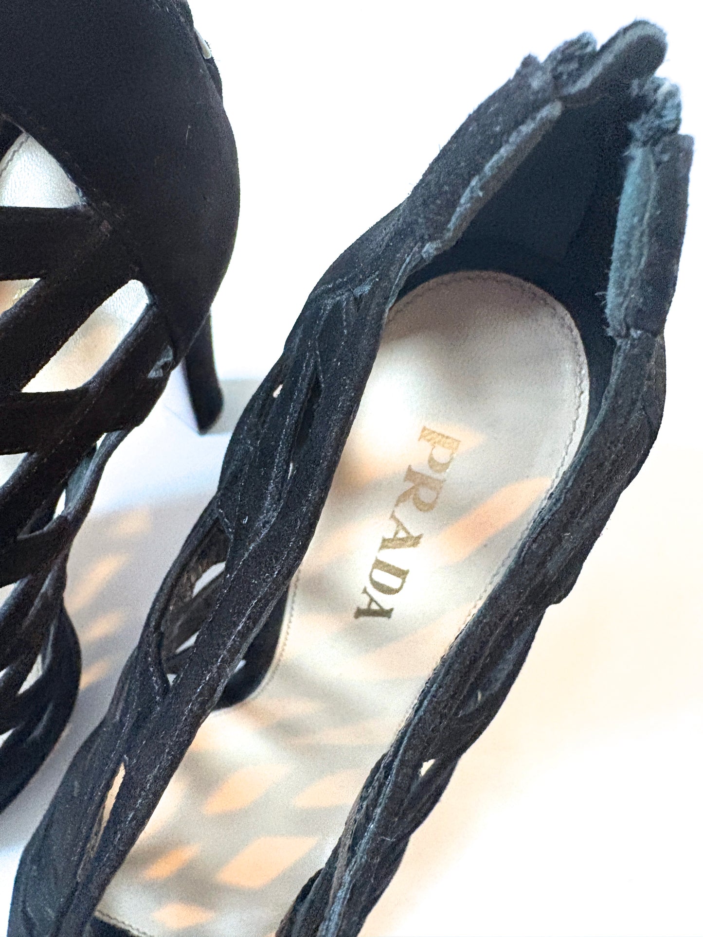 Prada Black Suede Zip Back Peep Toe Heels UK 5.5