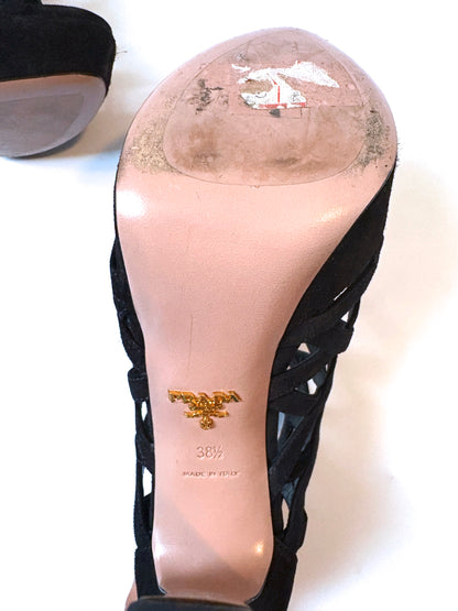 Prada Black Suede Zip Back Peep Toe Heels UK 5.5