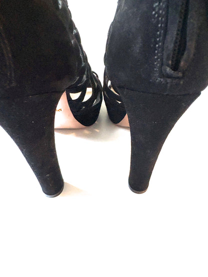 Prada Black Suede Zip Back Peep Toe Heels UK 5.5