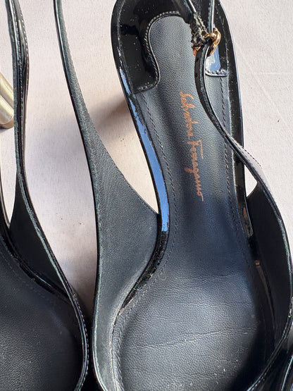 Salvatore Ferragamo Nero Patent Calf Heels UK 5.5