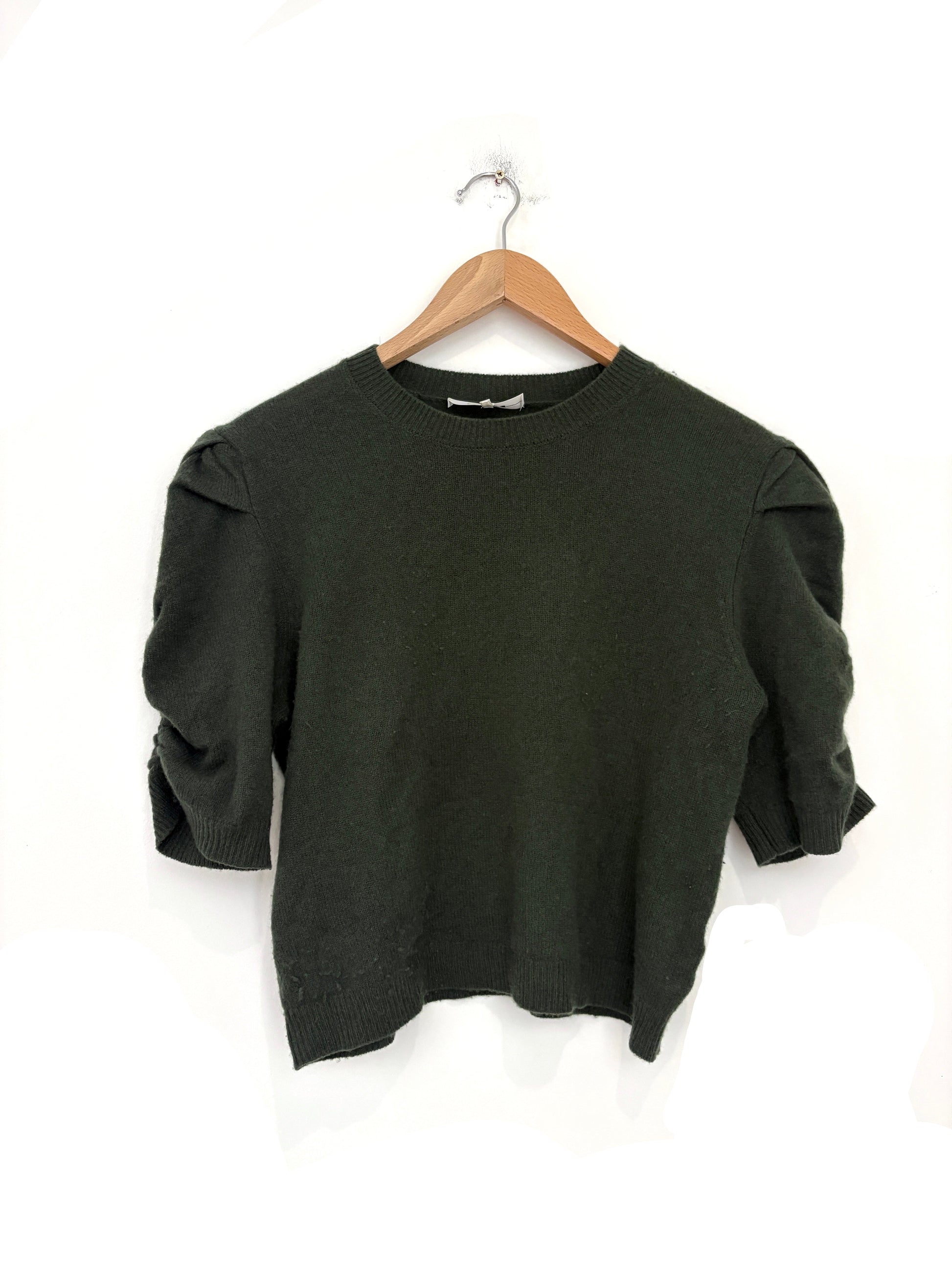 Frame Green Cashmere Ruched Sleeve Sweater