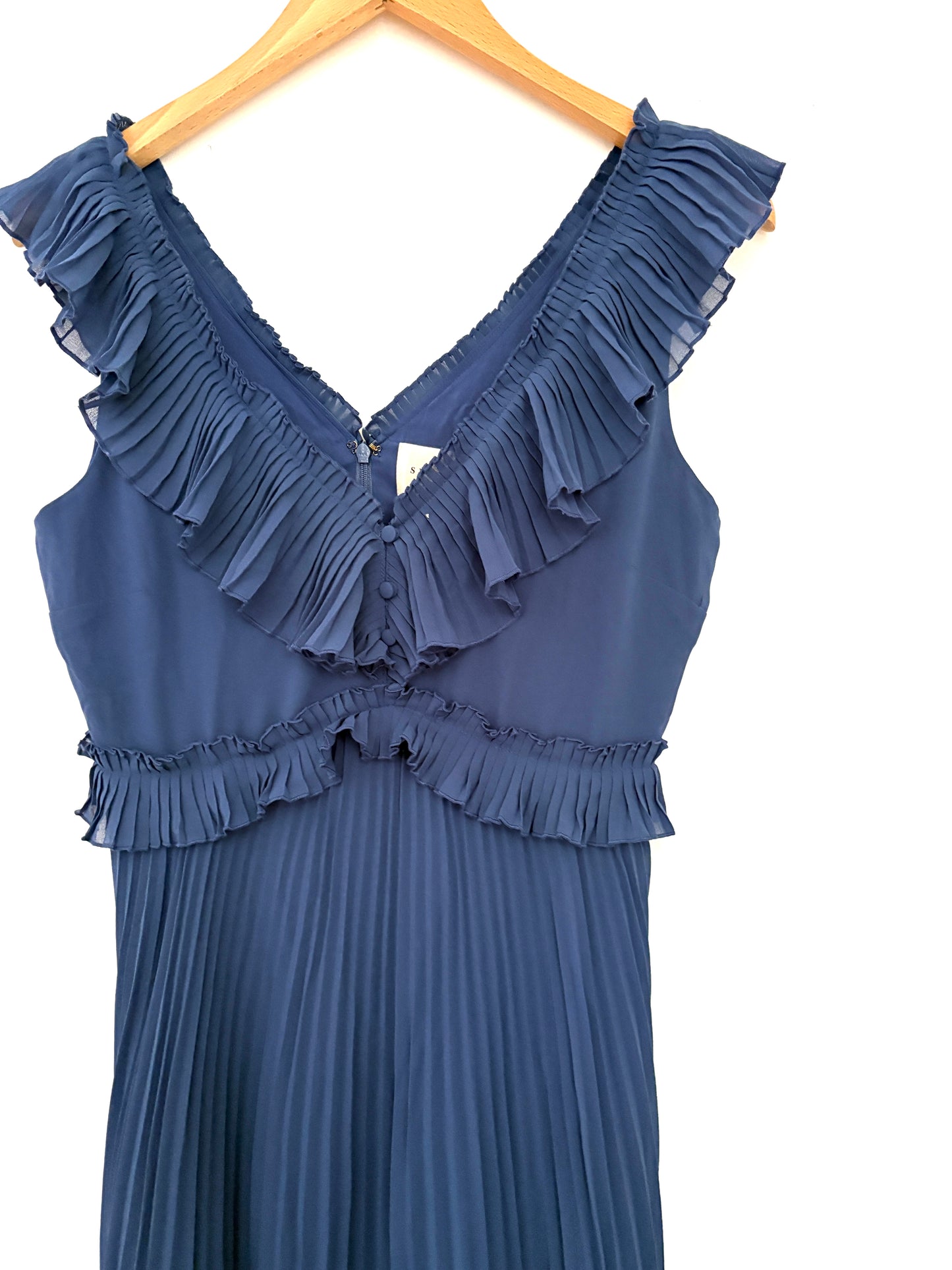 Sézane Blue Pleated Ruffle Dress UK 10
