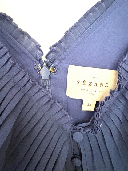 Sézane Blue Pleated Ruffle Dress UK 10