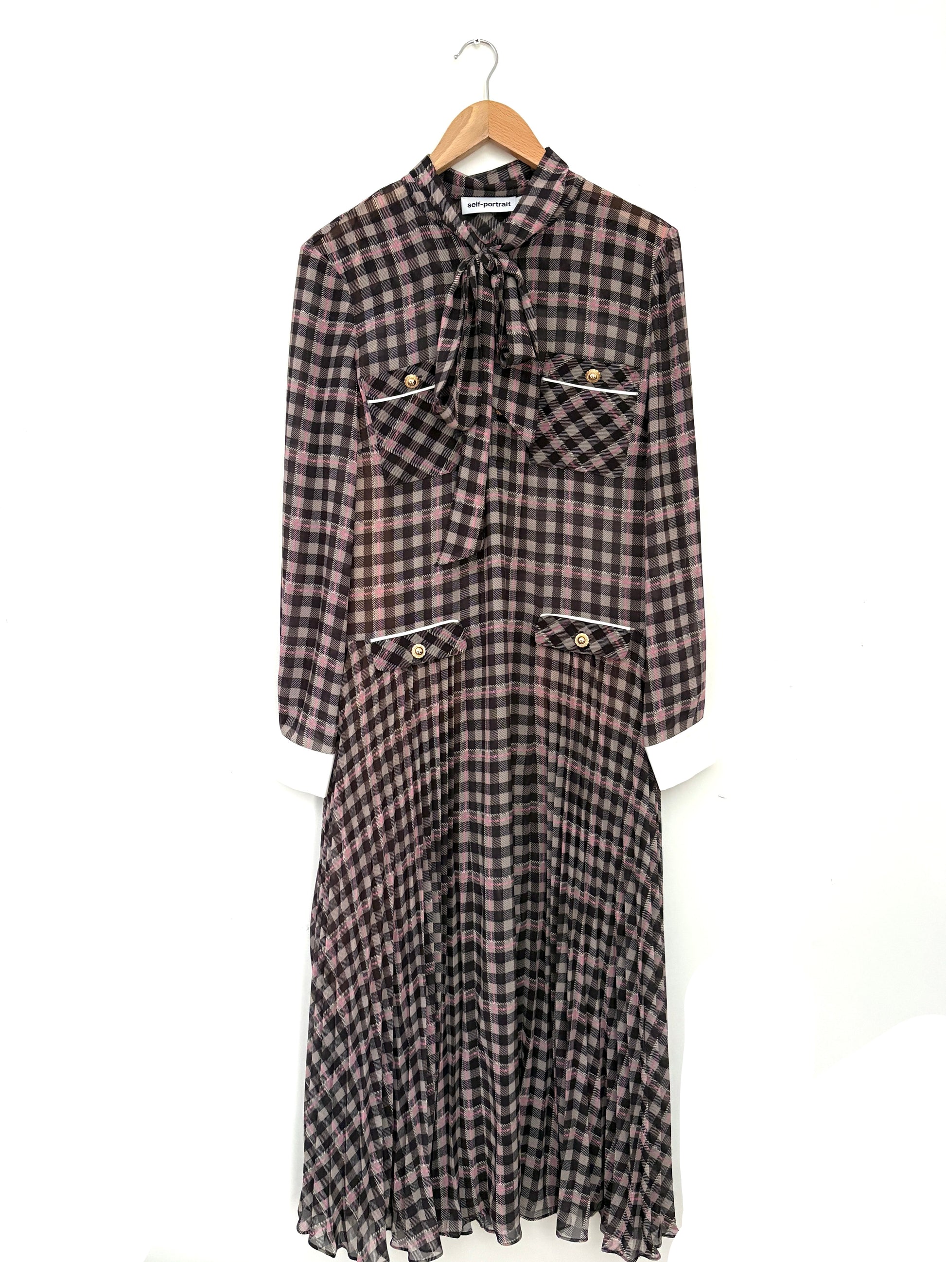 Self-Portrait Brown Check Chiffon Midi Dress UK 12