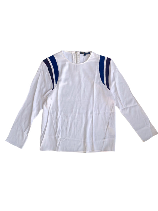 Maje white crepe blouse with burgundy and blue stripes
