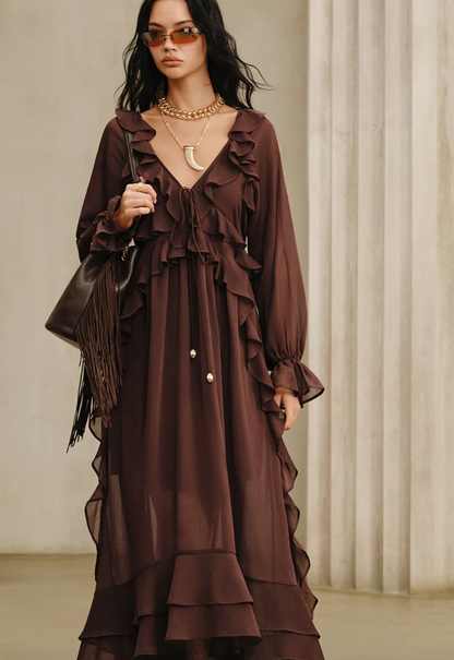New With Tags Commense Ruffled Brown Chiffon Dress S