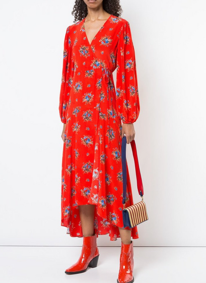 Ganni Red Floral Wrap Maxi Dress UK 10