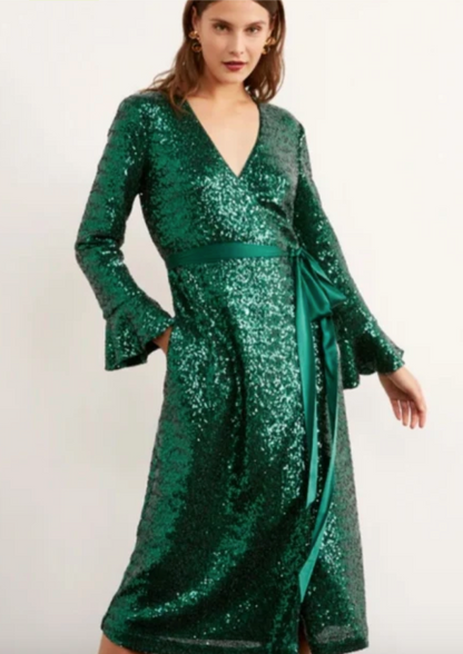 Kitri Green Sequin Wrap Dress UK 10