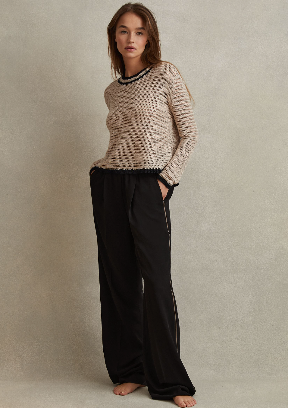 Reiss Neutral Linen Blend Knitted Crew Neck Jumper M