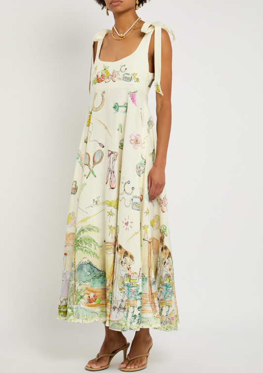 Alemais Anouk Printed Linen Maxi Dress UK 8