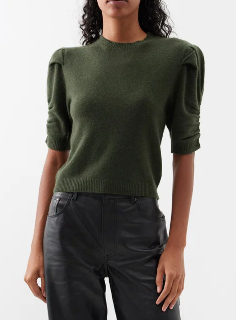 Frame Green Cashmere Ruched Sleeve Sweater L